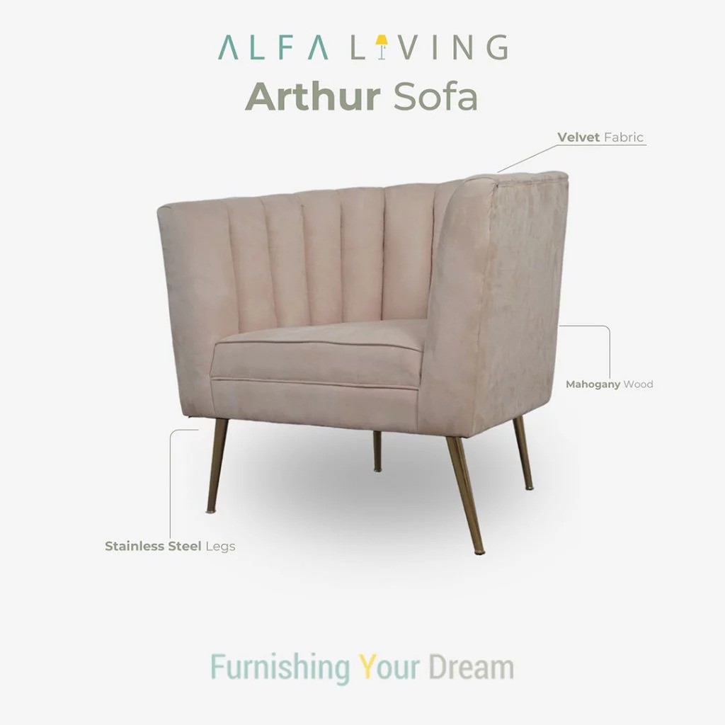Arthur Sofa 1 Seater, Sofa Single Mewah Kain Beludru / Bludru / Velvet Fabric
