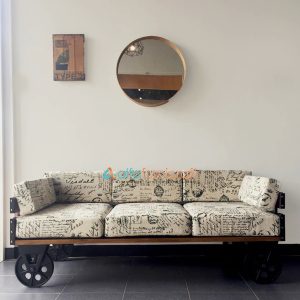 Sofa 3 Seater, Sofa Industrial Modern Beroda Besi, Sofa Beroda Minimalis Bahan Canvas Empuk